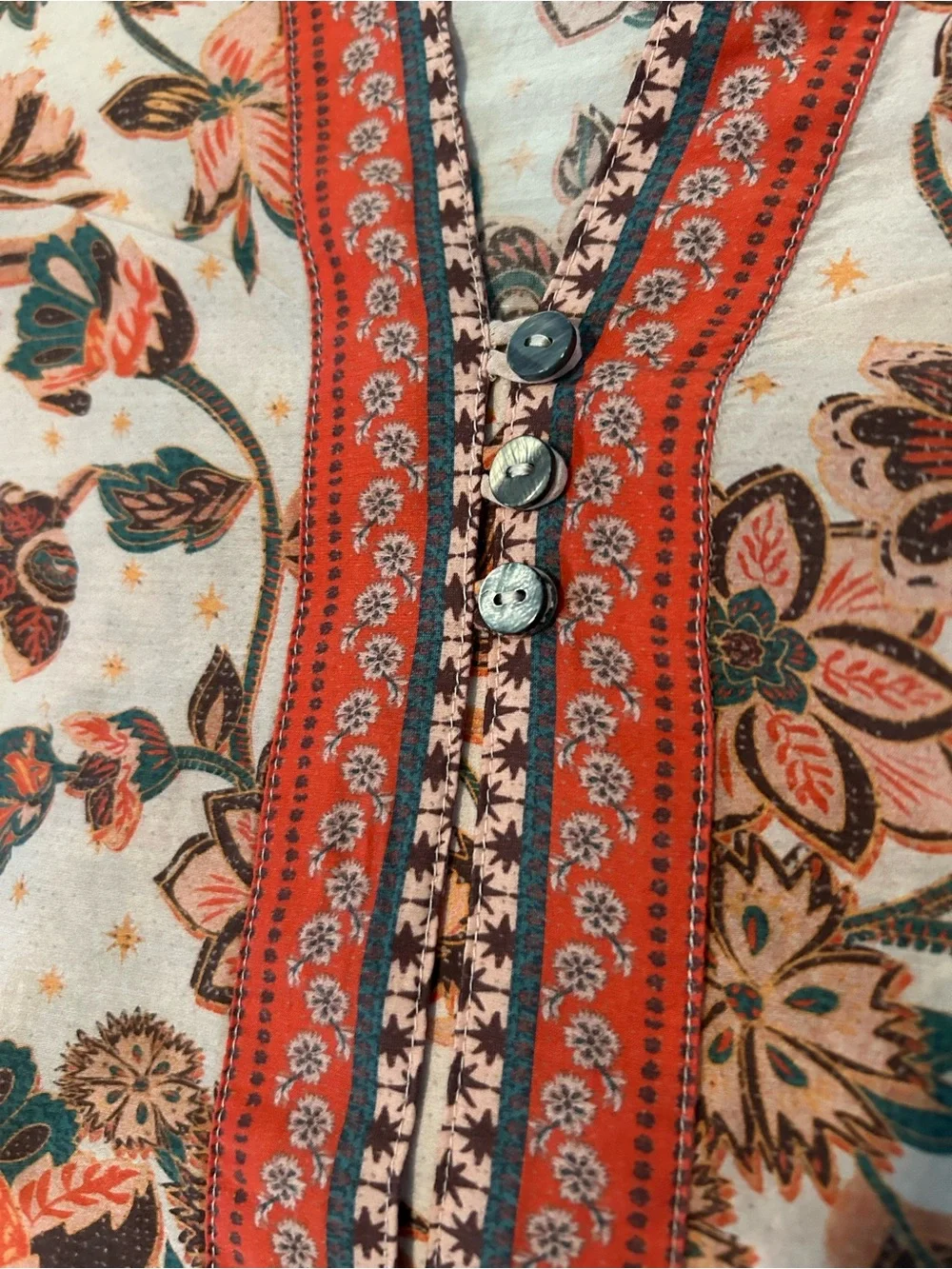Sundance Pink Floral Peasant Blouse with Red Trim. Lightweight tunic. - Picture 6 of 8